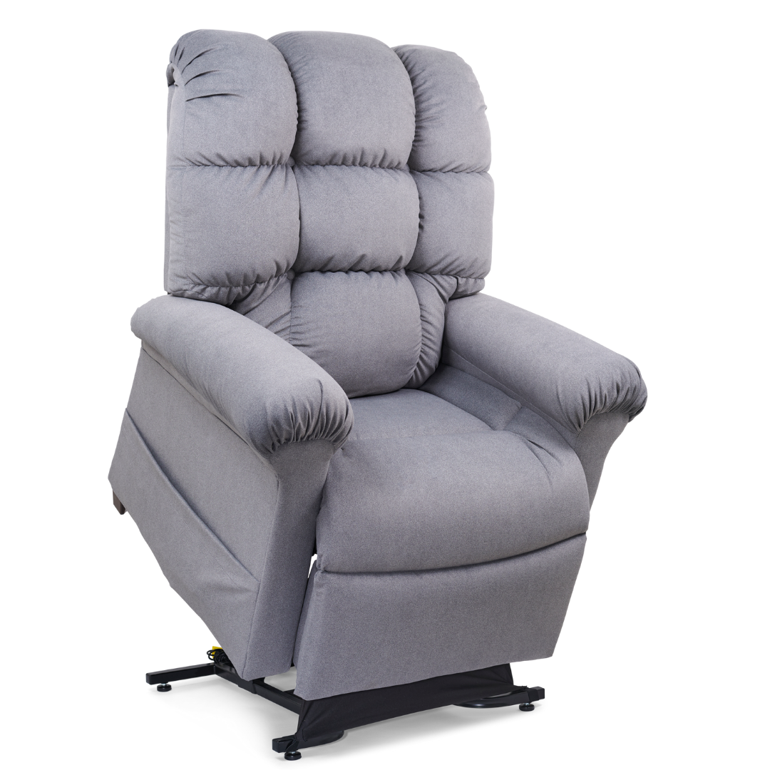The Golden Tech PR515 Cloud Recliner With Lift Assist, ZG+ & Twilight - MD/LG features a plush light gray design, high tufted back, wide cushioned arms, ergonomic support, and a lift mechanism to help users stand up easily.
