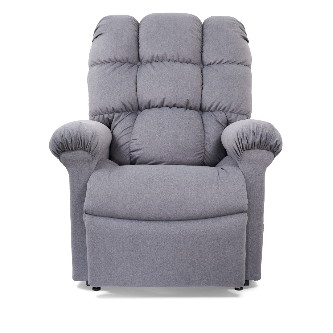 The Golden Tech PR515 Cloud Recliner With Lift Assist, ZG+ & Twilight - SM/MD, features plush gray upholstery, padded armrests, and a tufted backrest for ergonomic support, shown from the front against a white background.