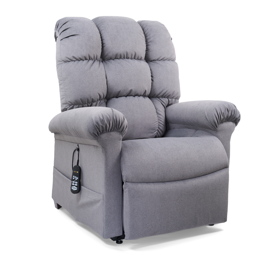 The Golden Tech PR515 Cloud Recliner With Lift Assist, ZG+ & Twilight (MD/LG) features plush gray tufted cushions, ergonomic support, padded armrests, and an attached remote for power lift and zero-gravity comfort.