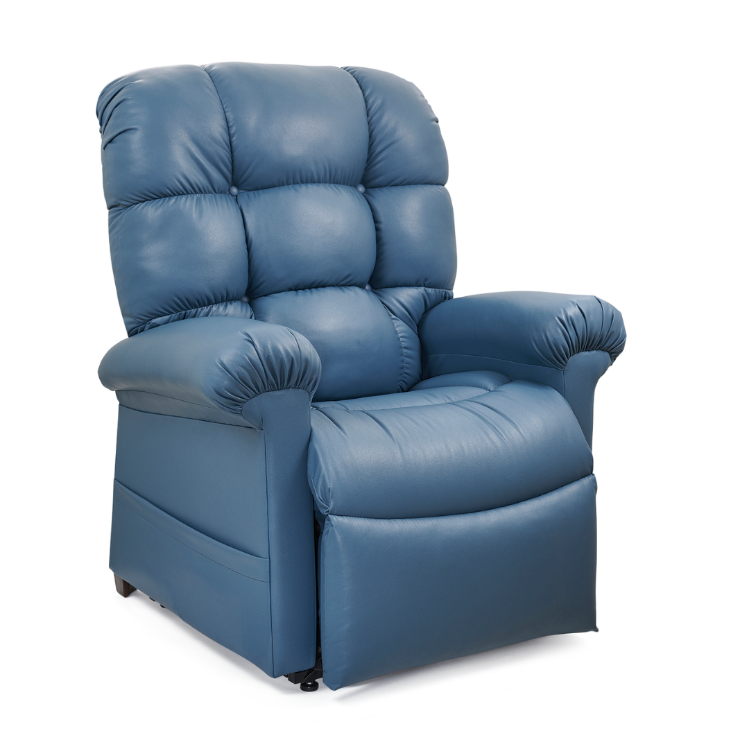 A plush blue Golden Tech PR515 Cloud Recliner With Lift Assist, ZG+ & Twilight - MD/LG, featuring padded armrests and backrest with patented Twilight Technology for comfort, is shown against a white background.