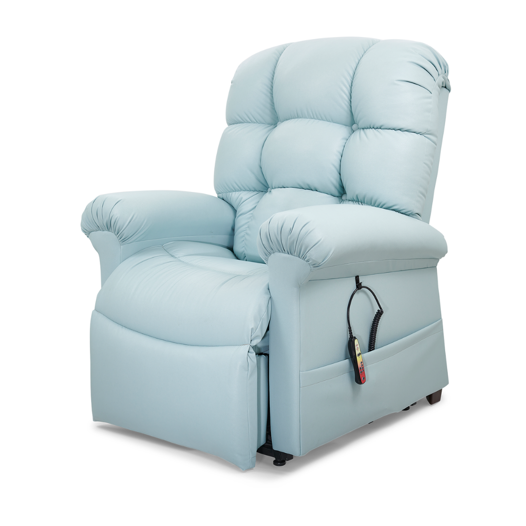 The Golden Tech PR515 Cloud Recliner With Lift Assist, ZG+ & Twilight - SM/MD in light blue features plush padding, ergonomic support, padded armrests and backrest, and a side-attached remote control against a white background.