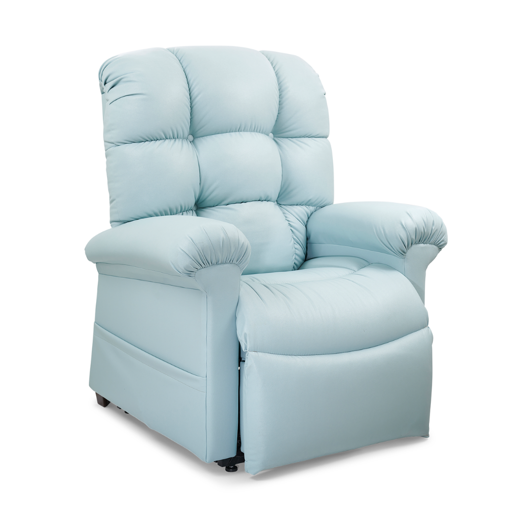 A light blue Golden Tech PR515 Cloud Recliner With Lift Assist, ZG+ & Twilight (MD/LG) features plush, tufted cushions and wide armrests for overstuffed comfort, shown against a plain white background.