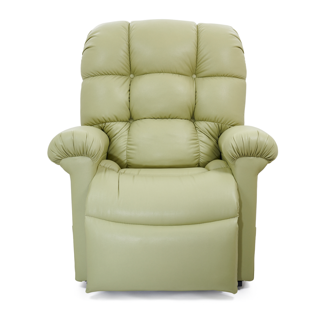 The Golden Tech PR515 Cloud Recliner With Lift Assist, ZG+ & Twilight - MD/LG is a light green, plush, tufted chair with padded armrests and backrest for ergonomic support, shown from the front on a white background.
