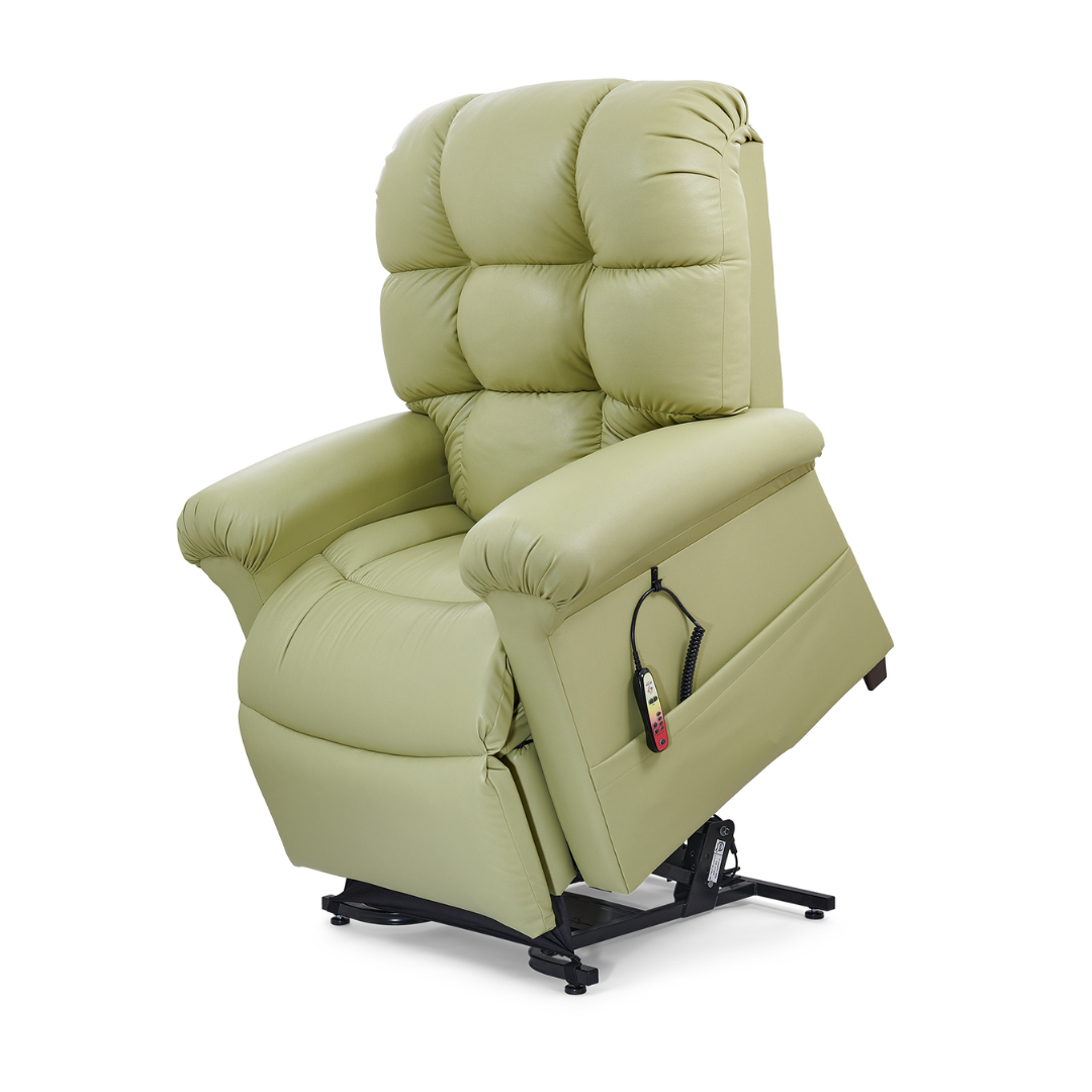 A light green Golden Tech PR515 Cloud Recliner With Lift Assist, ZG+ & Twilight (SM/MD) features plush, tufted cushions and an attached handheld remote, partially raised to help users stand while providing ergonomic support.