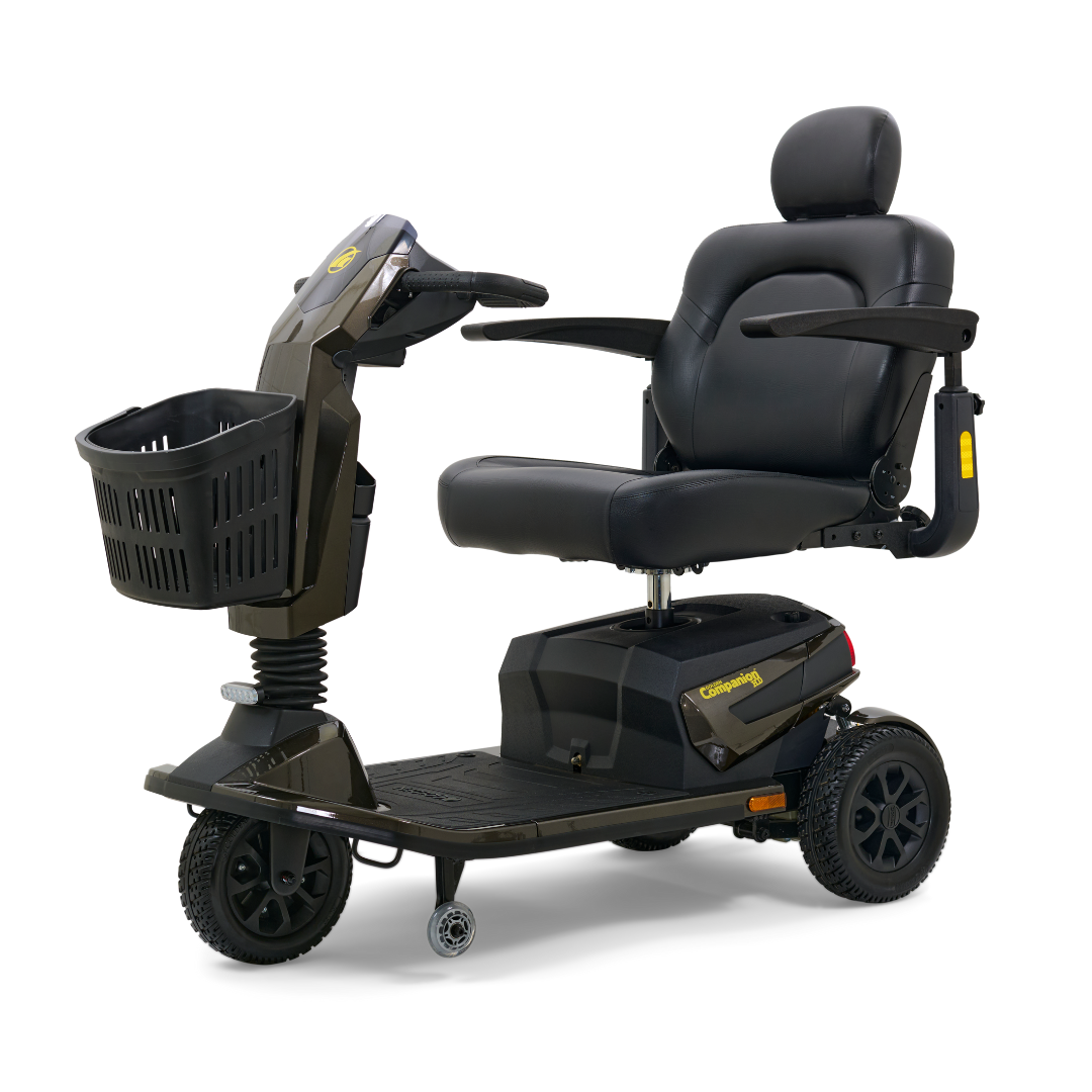 The Golden Tech Companion HD Bariatric 3-Wheel Scooter has a stylish black design with a luxury high-back Captain’s seat, armrests, and headrest. It supports up to 500 lb., includes a front basket, and features intuitive handlebar controls for easy navigation.