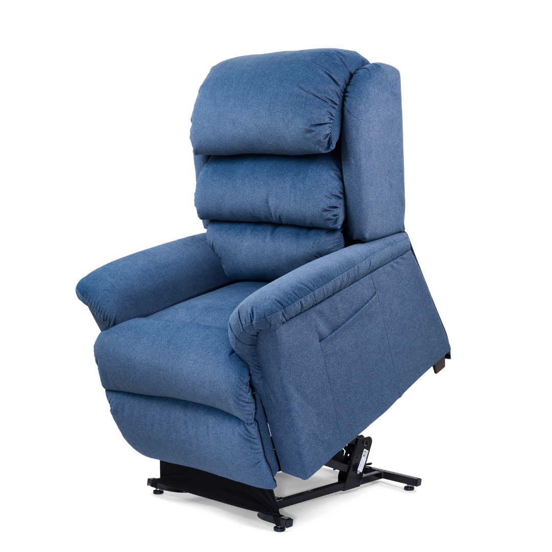 The Golden Tech PR766 Relaxer MaxiComfort Recliner With Lift Assist - Small, in blue, offers plush cushions and armrests on a black metal base. It features lift assist, soft textured fabric, MaxiComfort Positioning, and Programmable AutoDrive Hand Control for ultimate comfort.