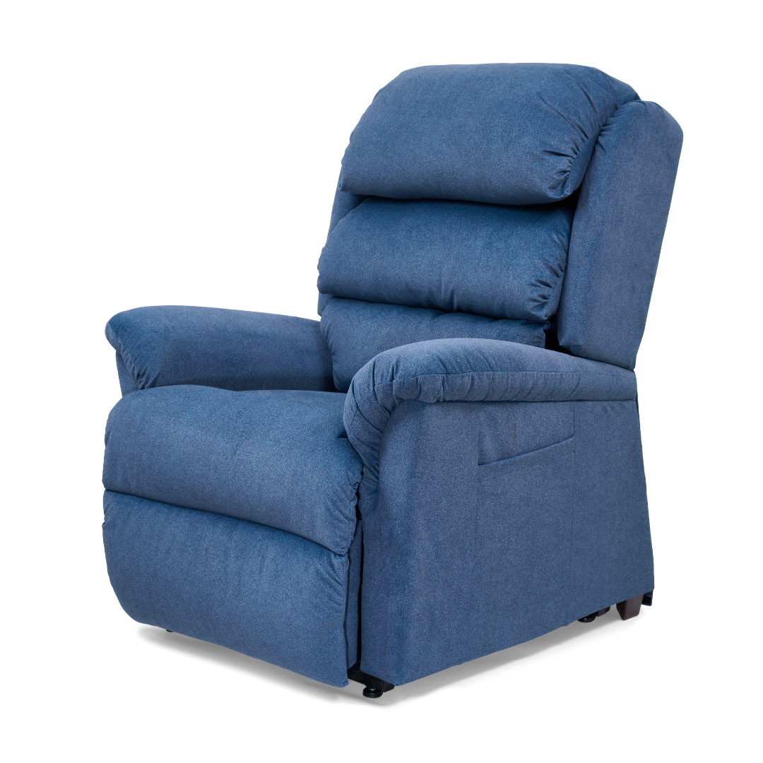 The Golden Tech PR766 Relaxer MaxiComfort Recliner is a blue, small lift-assist recliner featuring padded armrests, backrest, and seat. It includes a side pocket and Programmable AutoDrive Hand Control for easy adjustment and positioning, making it ideal for relaxation in any living space.
