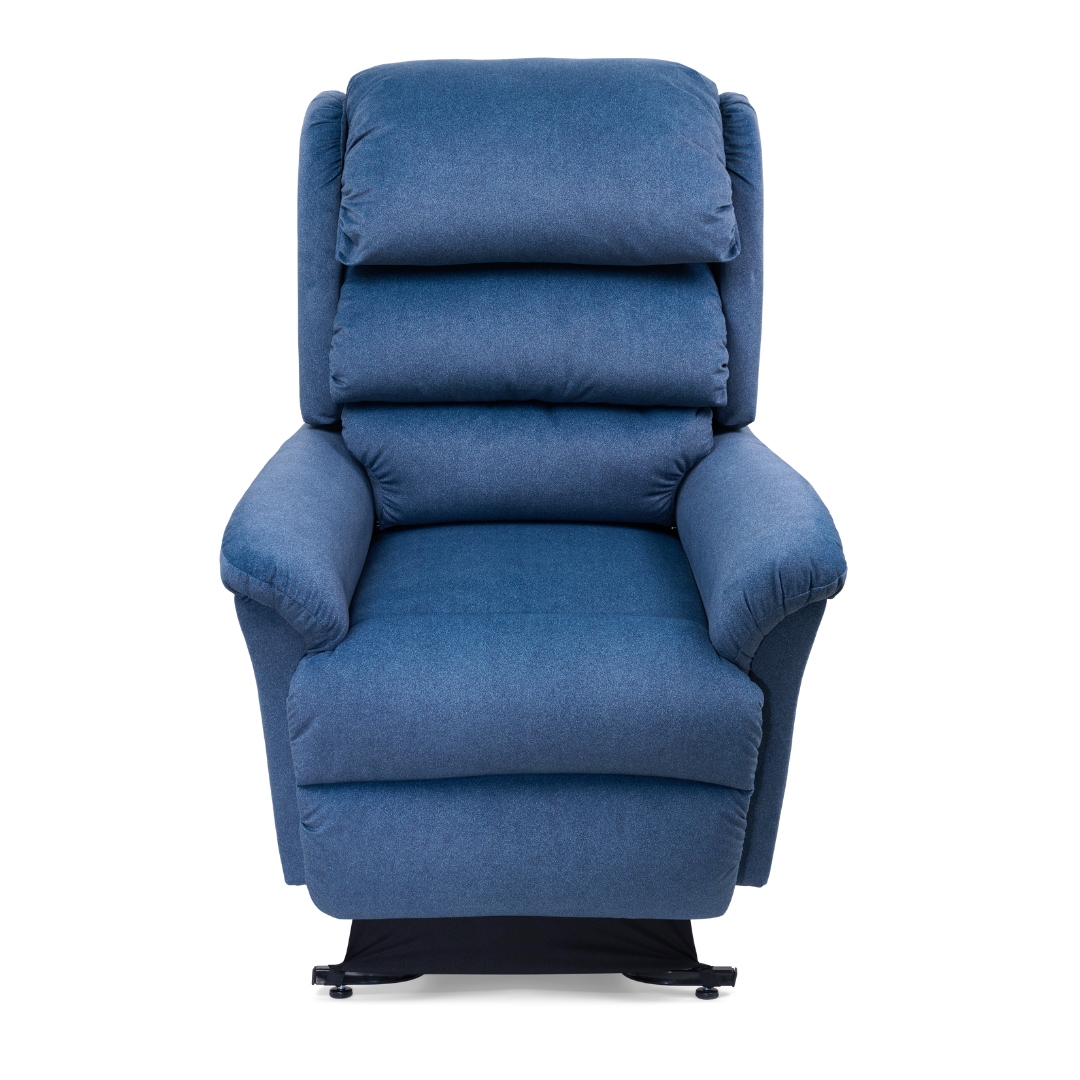 The Golden Tech PR766 Relaxer MaxiComfort Recliner With Lift Assist - Small features a front view of a plush, blue design with thick armrests and headrest. Its soft fabric complements the MaxiComfort Positioning on a black base, and it includes Programmable AutoDrive Hand Control for easy adjustments.