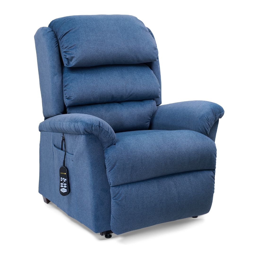 The Golden Tech PR766 Relaxer MaxiComfort Recliner With Lift Assist - Small features a cushioned plush blue design with a remote control pocket, showcased on a white background. It offers MaxiComfort Positioning and comes with a Programmable AutoDrive Hand Control for convenience.