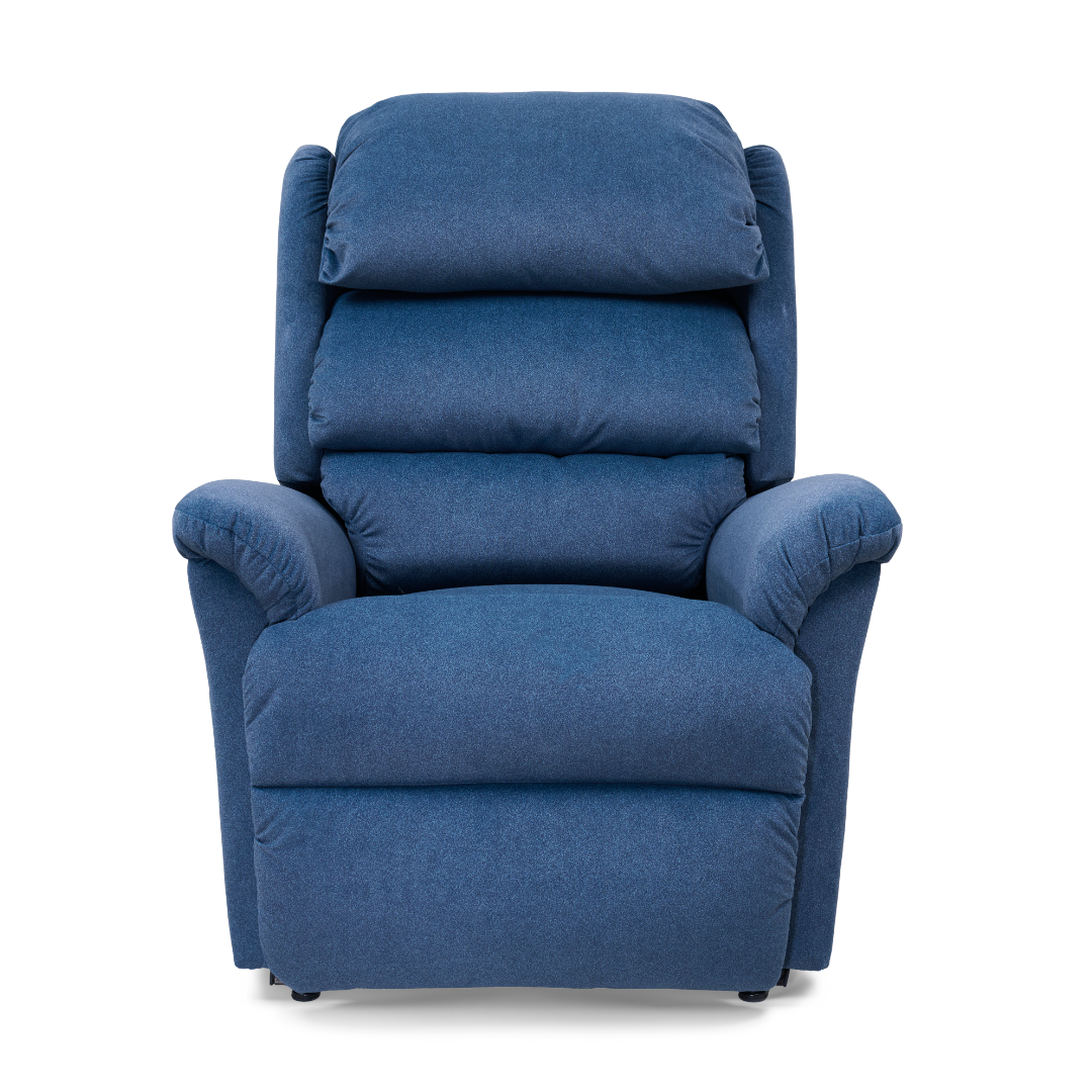 The Golden Tech PR766 Relaxer MaxiComfort Recliner offers plush blue seating with padded armrests, a cushioned backrest, and MaxiComfort Positioning. Its soft fabric and Programmable AutoDrive Hand Control ensure relaxation and easy adjustments, making it perfect for unwinding against a white background.
