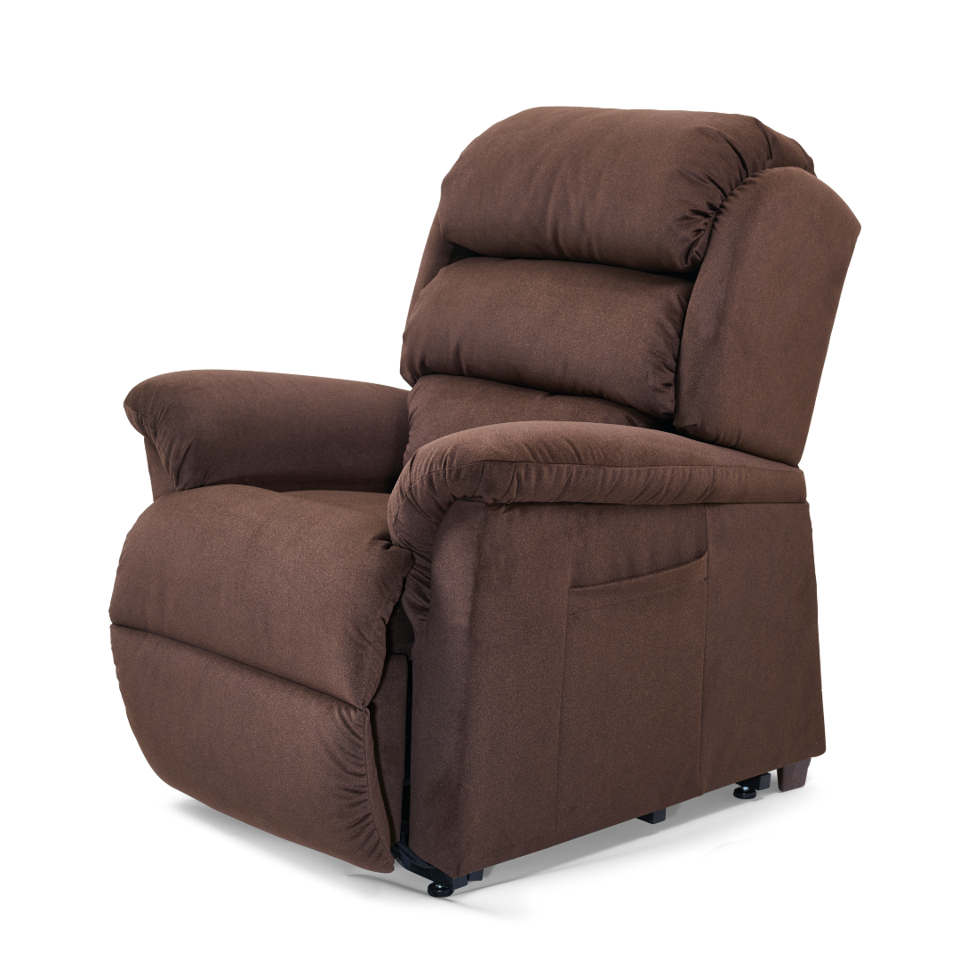 The Golden Tech PR766 Relaxer MaxiComfort Recliner, Small, is a brown plush power lift recliner with padded backrest and armrests. It features MaxiComfort Positioning and includes a side pocket, shown in a semi-reclined position against a white background.
