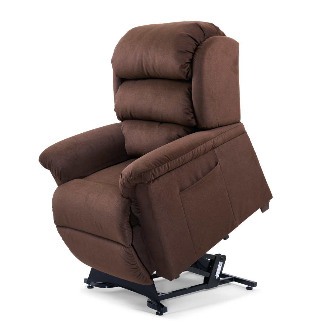 A small brown upholstered Golden Tech PR766 Relaxer MaxiComfort Recliner features a plush backrest and armrests, slightly reclined with lift assist on a black metal base.