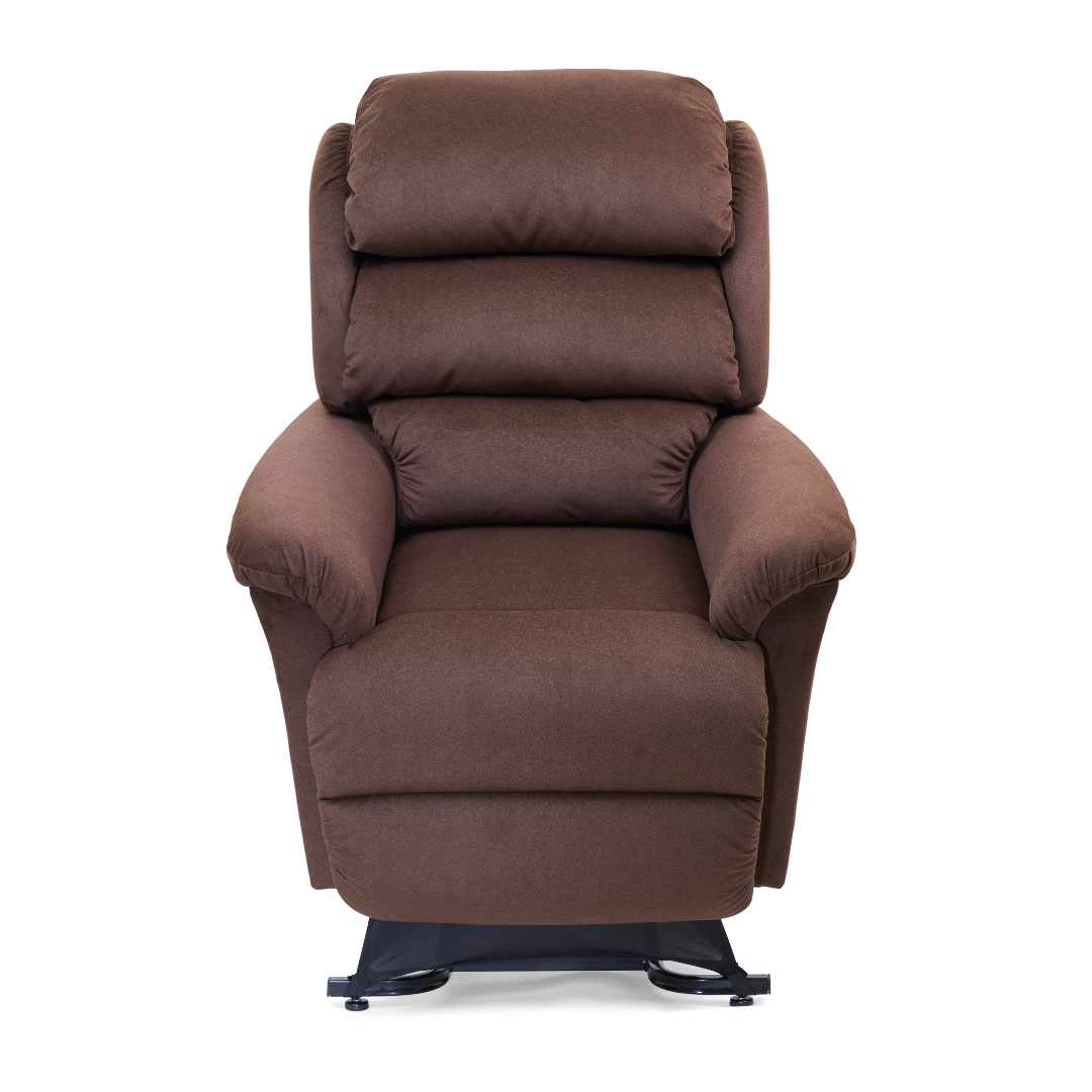 The Golden Tech PR766 Relaxer MaxiComfort Recliner with Lift Assist - Small is a brown chair with soft, cushioned backrest and seat. Its plush armrests, sturdy base, and smooth dark brown upholstery come with a Programmable AutoDrive Hand Control for easy adjustments.