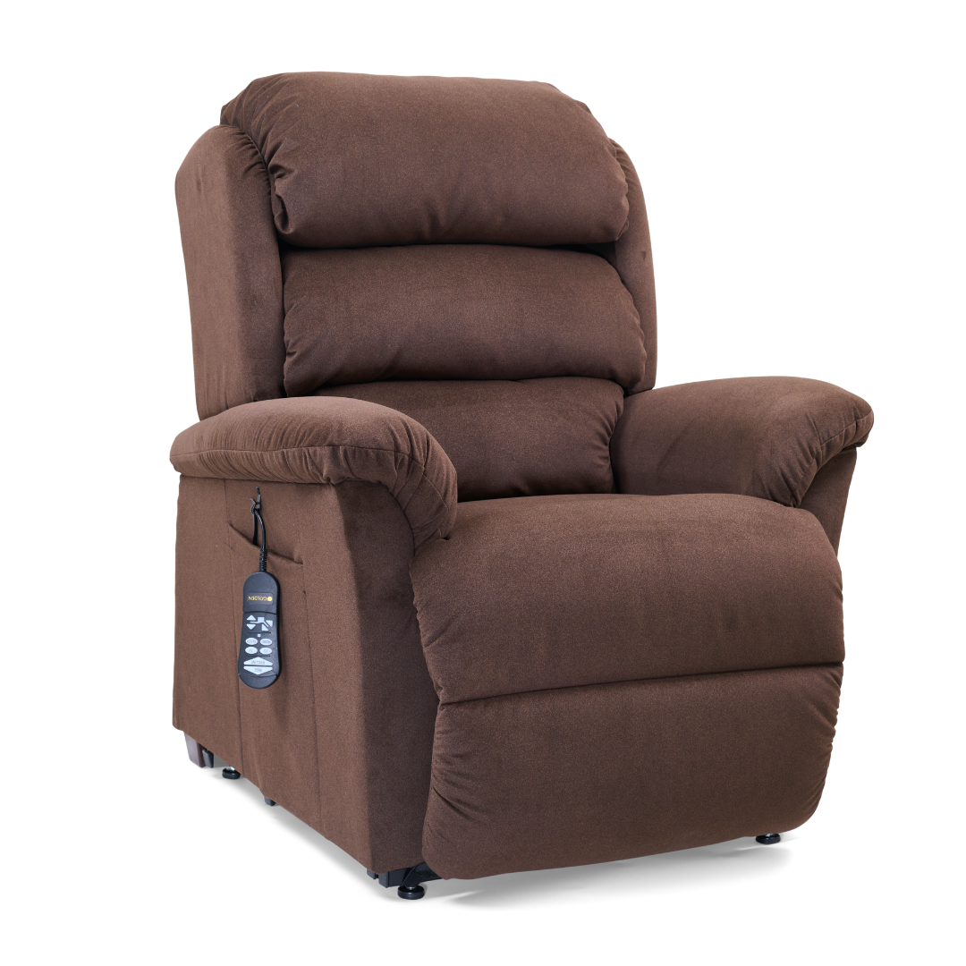 The Golden Tech PR766 Relaxer MaxiComfort Recliner With Lift Assist - Small is a plush brown recliner with a high backrest and cushioned armrests. It includes a cord-attached Programmable AutoDrive Hand Control on the left side for optimal comfort and relaxation.