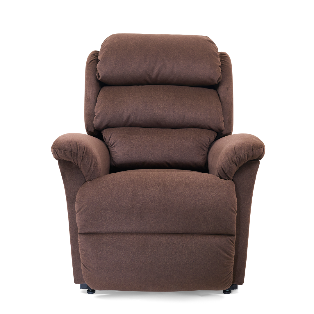 The Golden Tech PR766 Relaxer MaxiComfort Recliner with Lift Assist - Small, a brown plush recliner with cushioned armrests and high back, includes Programmable AutoDrive Hand Control and is positioned facing forward against a white background.