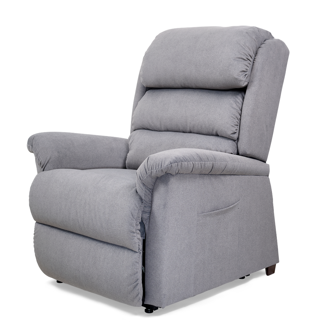 The Golden Tech PR766 Relaxer MaxiComfort Recliner With Lift Assist - Small is a plush gray chair featuring cushioned backrest, armrests, side pocket, and reclining lever. It offers ultimate comfort against a plain white background with MaxiComfort Positioning at your fingertips.