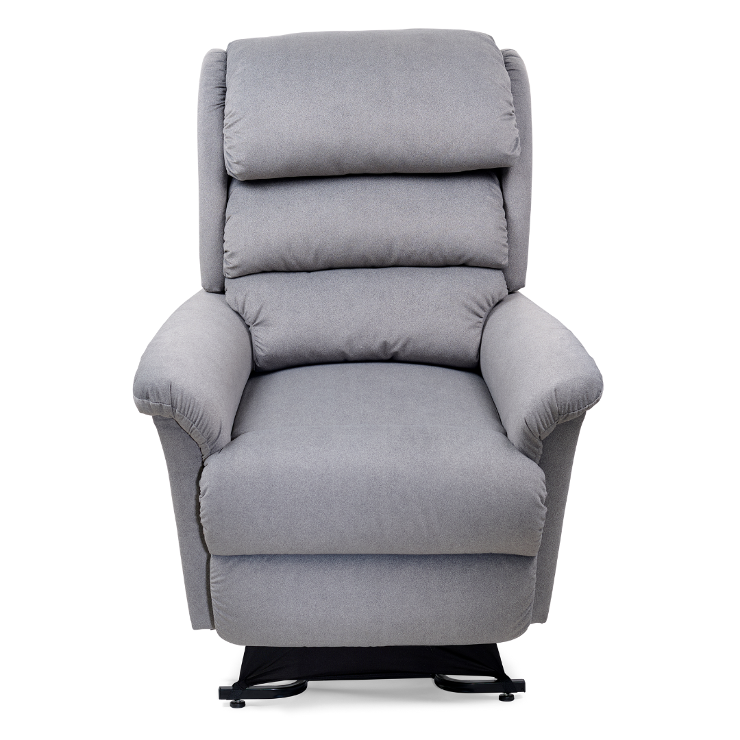 The Golden Tech PR766 Relaxer MaxiComfort Recliner With Lift Assist - Small features a gray upholstered cushioned backrest and armrests, shown from the front. It sits on a black metal base and offers MaxiComfort Positioning for ultimate reclining comfort.