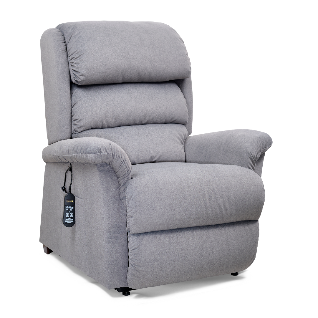 The Golden Tech PR766 Relaxer MaxiComfort Recliner with Lift Assist - Small offers plush cushioning and soft fabric, featuring a Programmable AutoDrive Hand Control to adjust its ergonomic MaxiComfort Positioning for seamless relaxation.
