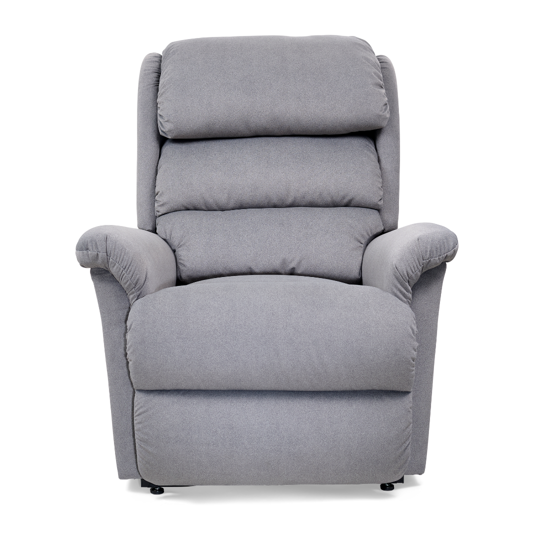 The Golden Tech PR766 Relaxer MaxiComfort Recliner with Lift Assist (Small) comes in gray and features plush armrests, a high backrest, and soft fabric. Its Relaxer Power Lift capabilities make it perfect for a cozy living room setup.