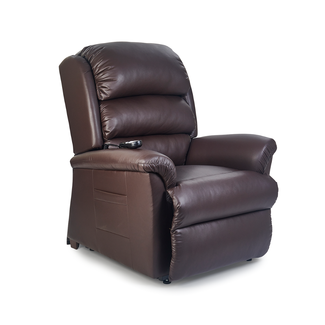 The Golden Tech PR766 Relaxer MaxiComfort Recliner With Lift Assist - Small is a plush brown leather chair with MaxiComfort Positioning, a padded backrest, programmable AutoDrive Hand Control on one arm, and a side pocket for extra storage, all set against a white background.