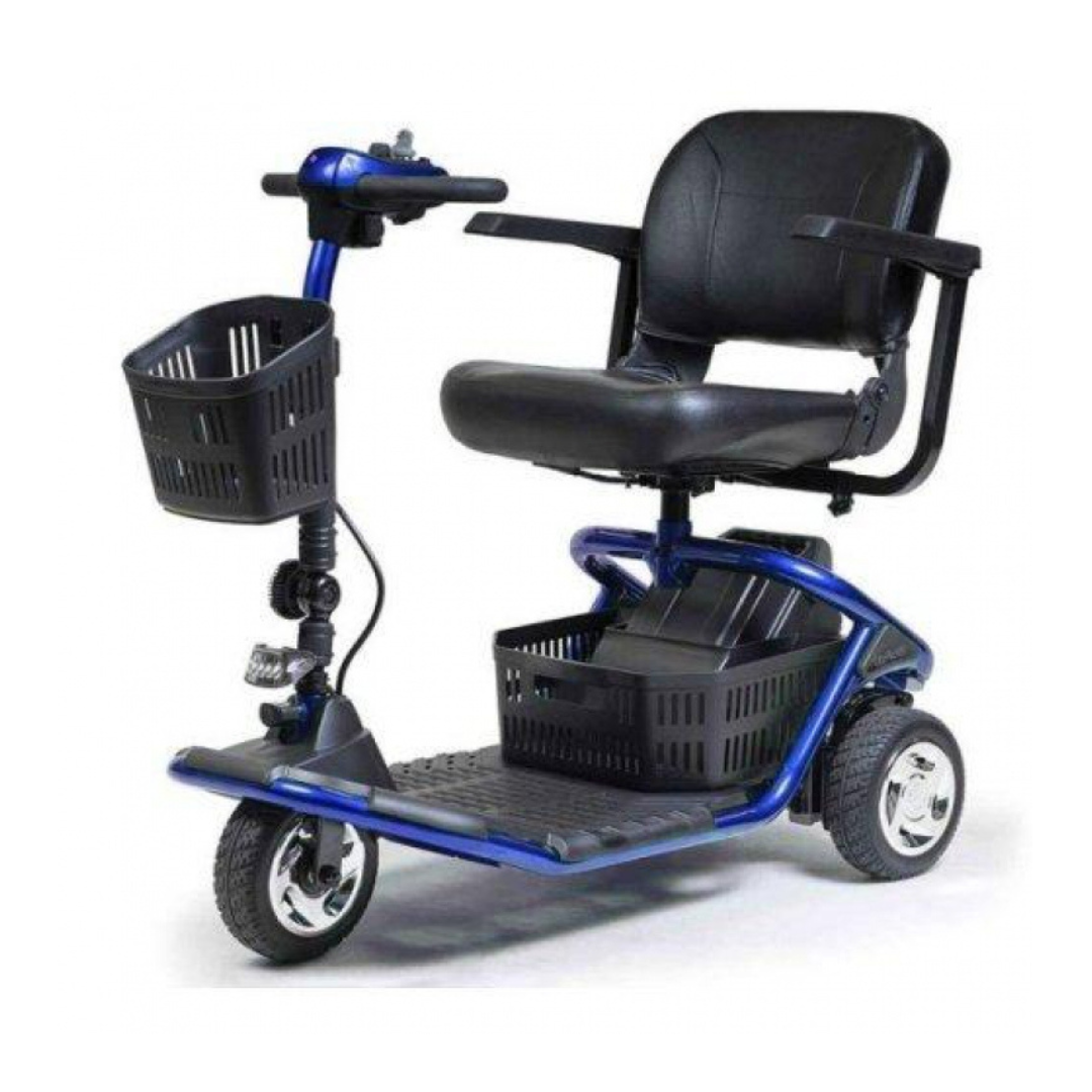 The Golden Tech GL111 LiteRider 3-Wheel Mobility Scooter features a blue frame, black seat, and Delta Tiller for easy control. Its compact design offers front and rear baskets with durable tires for a smooth ride on various terrains.