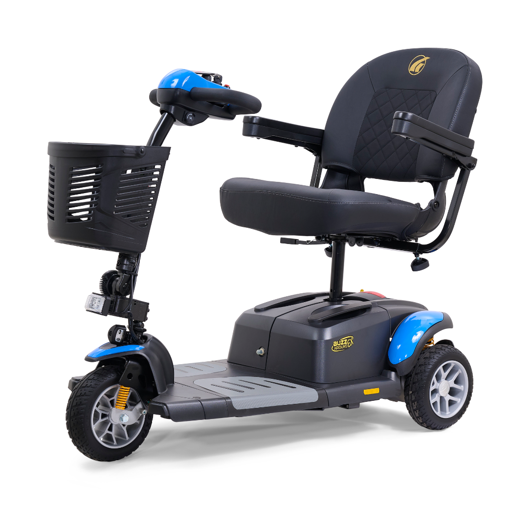 The Golden Tech GB118 Buzzaround EX Portable Mobility Scooter is a blue three-wheeler with a black cushioned seat, armrests, front basket, and an easy-to-use control panel on the handlebar, ideal for streamlined personal transportation.