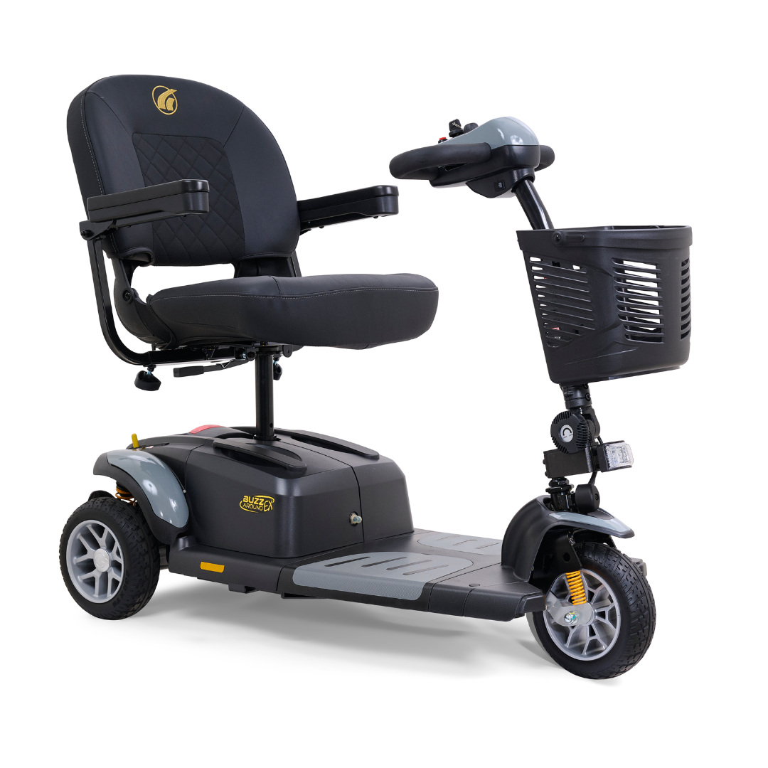 Introducing the Golden Tech GB118 Buzzaround EX: a stylish black three-wheel electric mobility scooter with a padded seat, armrests, and backrest. Its lightweight design offers easy maneuverability, while handlebars and a front basket add convenience.