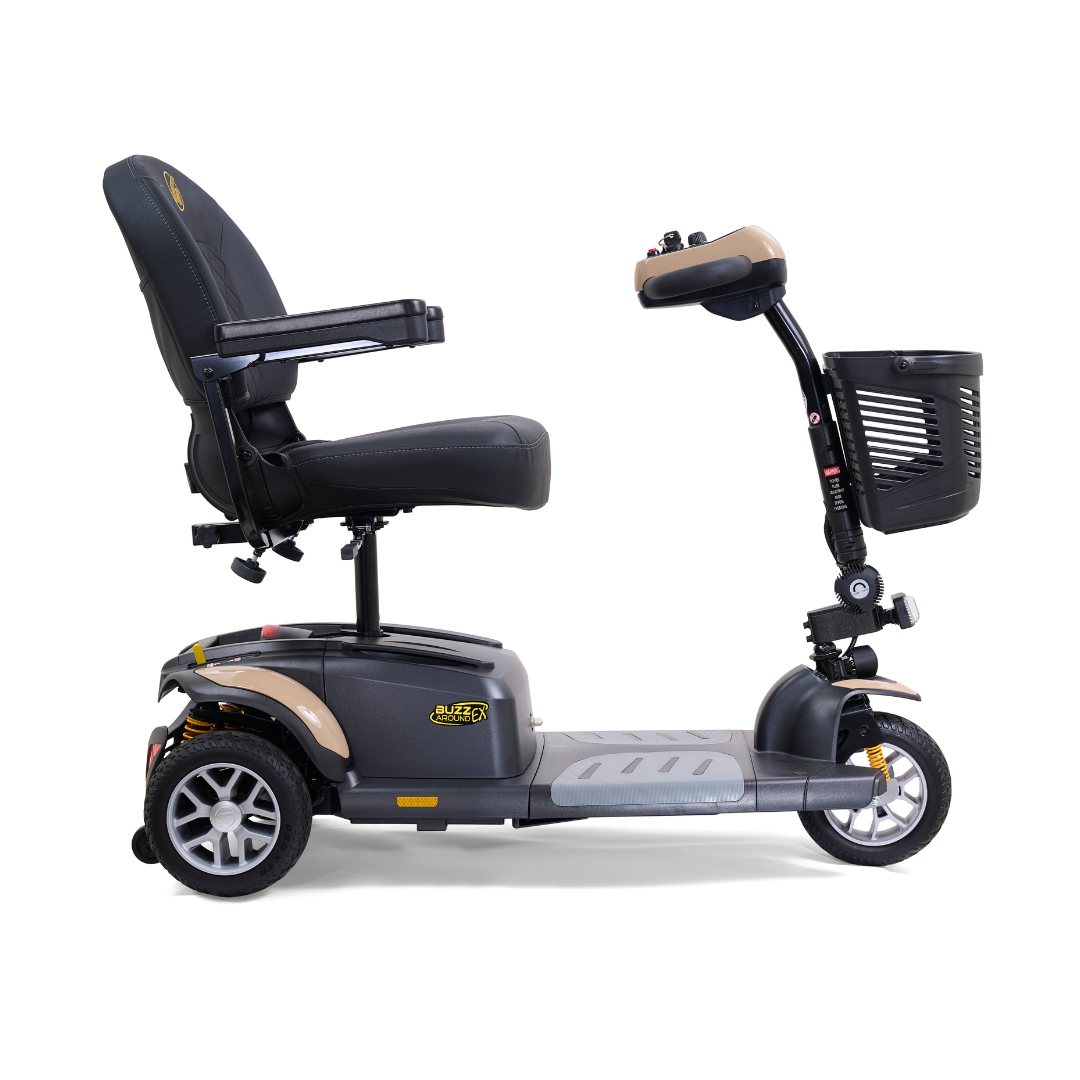 The Golden Tech GB118 Buzzaround EX Scooter boasts a modern design with three wheels, intuitive controls, a front basket, and a comfortable black seat with tan accents.