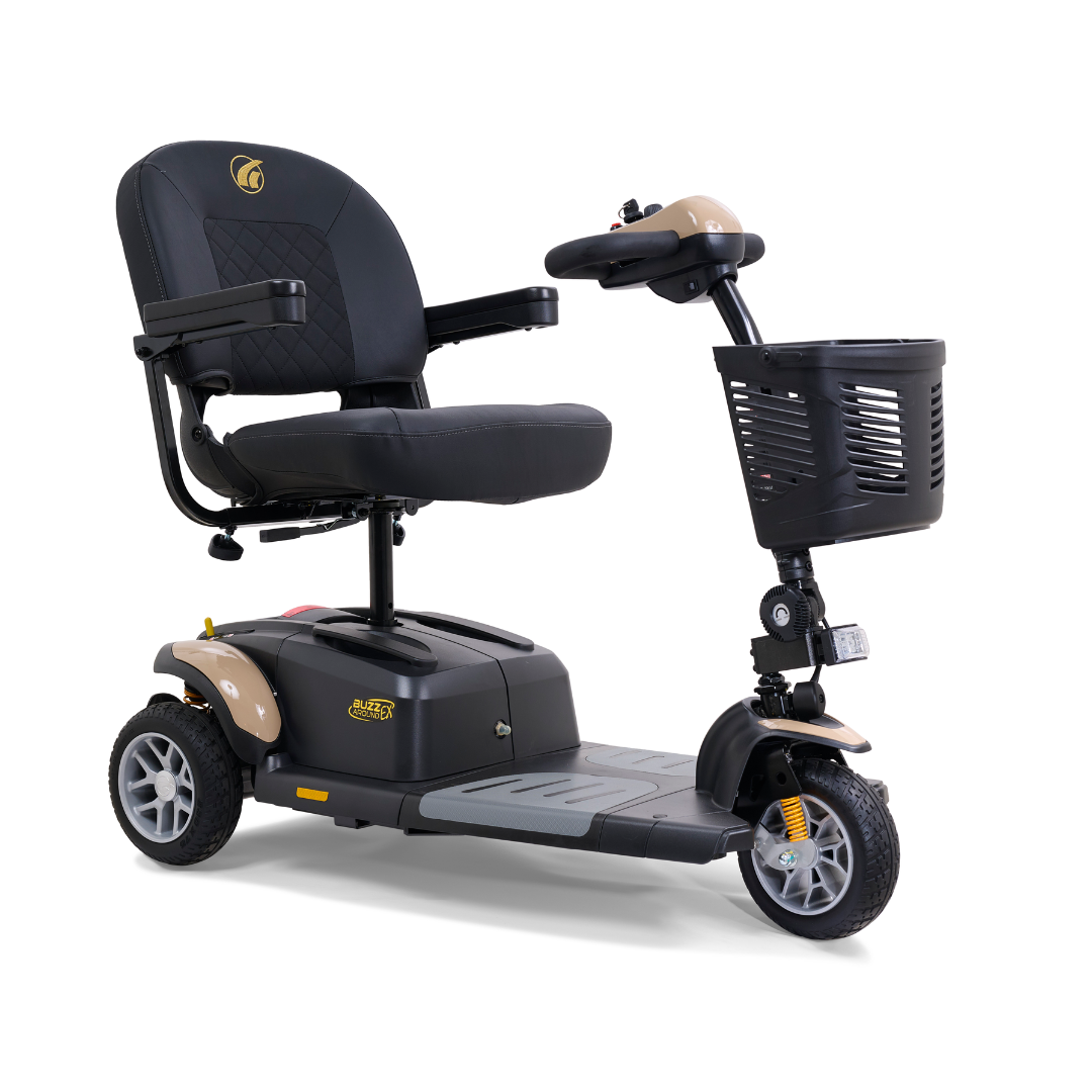 The Golden Tech GB118 Buzzaround EX Portable Mobility Scooter is a sleek, black and beige, three-wheel scooter featuring a padded seat with armrests, easy-to-use control panel, and a front basket for convenience.