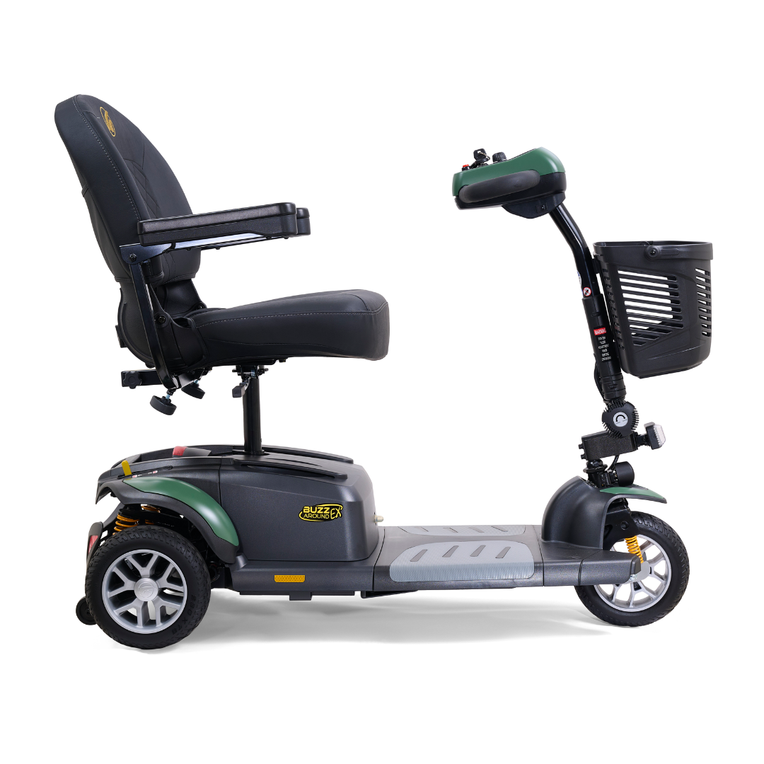 The Golden Tech GB118 Buzzaround EX Portable Mobility Scooter, featuring a stylish black and green design, provides ultimate comfort with a cushioned seat and armrests. Its three wheels, front basket, and handlebar control buttons ensure effortless transport.