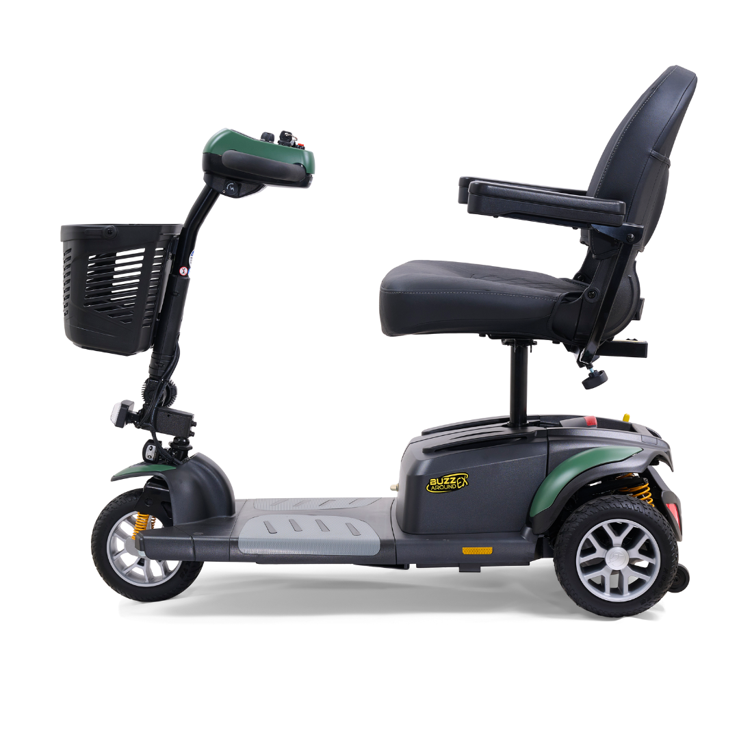 Introducing the Golden Tech GB118 Buzzaround EX Portable Mobility Scooter: a lightweight three-wheeled scooter with a cushioned seat, armrests, handlebars, front basket, textured footrest, generous storage, and intuitive controls. Perfect for all your mobility needs.