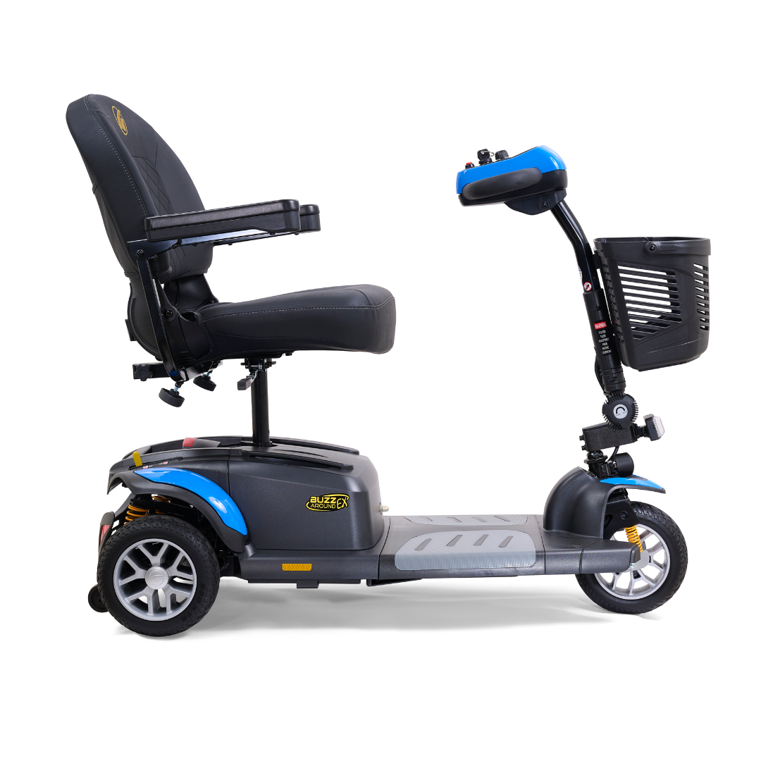 The Golden Tech GB118 Buzzaround EX is a blue and black three-wheel mobility scooter with an adjustable seat, front basket, and control buttons on the handlebars. Its lightweight, compact design is shown in side profile on a white background.