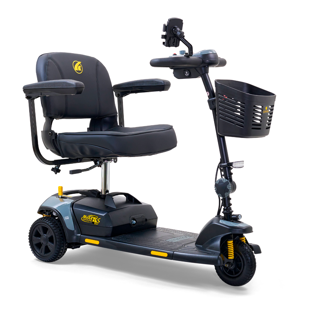 The Golden Tech GB121 Buzzaround XLS HD 3-Wheel Portable Scooter features a Delta tiller, black cushioned seat with armrests, sturdy wheels, Comfort Spring Suspension for smooth rides, and includes a handlebar control panel and front basket.
