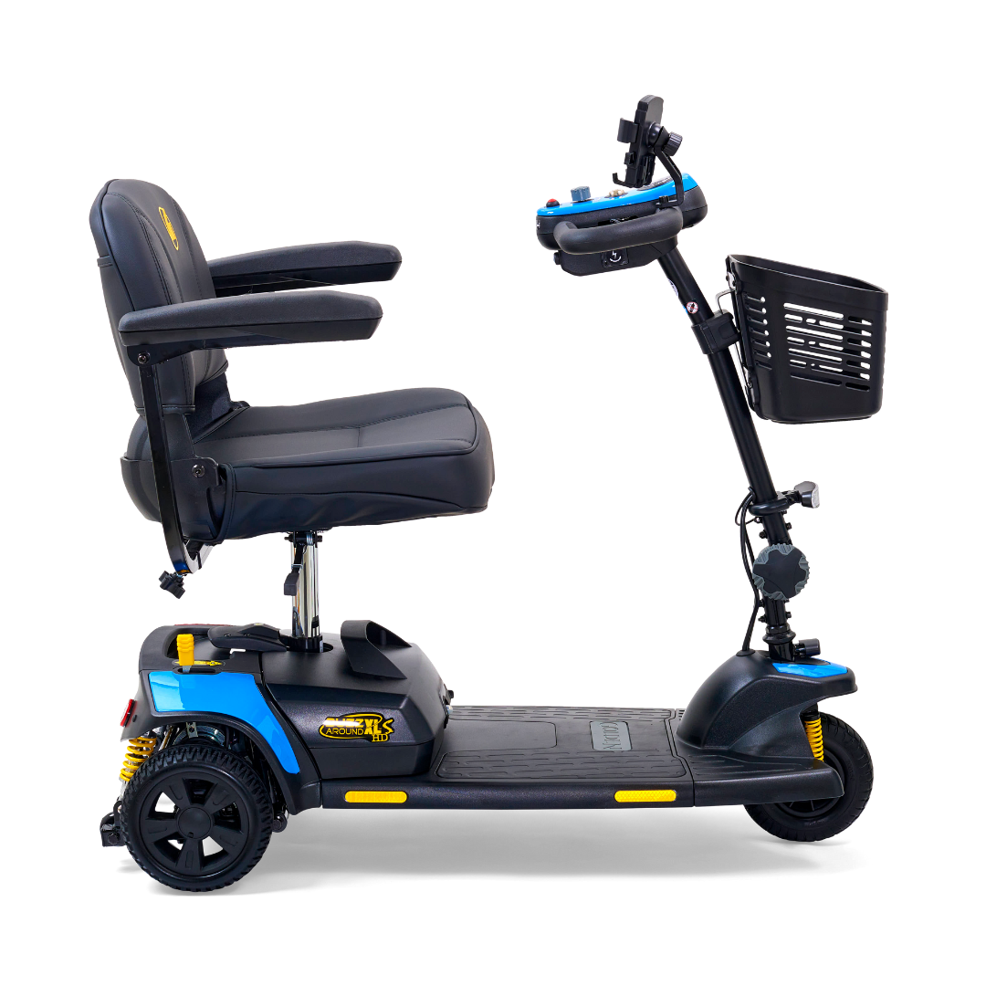 The Golden Tech GB121 Buzzaround XLS HD is a blue and black 3-wheel scooter with a delta tiller, padded seat, armrests, handlebar control panel, front basket, and yellow accents. It ensures great comfort for those with mobility needs.