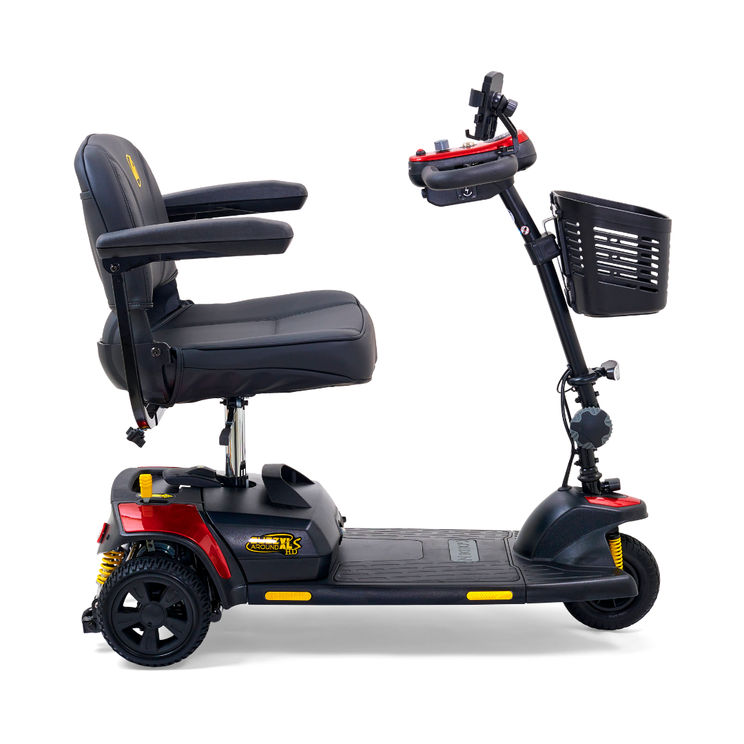 The Golden Tech GB121 Buzzaround XLS HD 3-Wheel Portable Scooter offers a cushioned black seat, armrests, and front basket. It features a Delta tiller for easy control, a sturdy platform with Comfort Spring Suspension, and a black frame accented with red details.