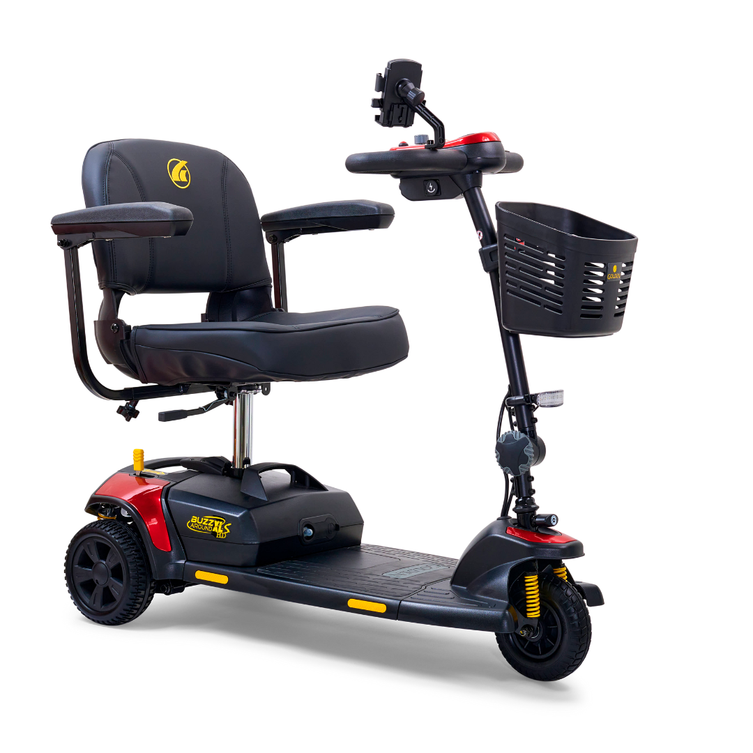 The Golden Tech GB121 Buzzaround XLS HD 3-Wheel Portable Scooter in black and red features a padded seat, armrests, front basket, delta tiller, Comfort Spring Suspension for smooth rides, plus handlebars with controls and a phone holder.