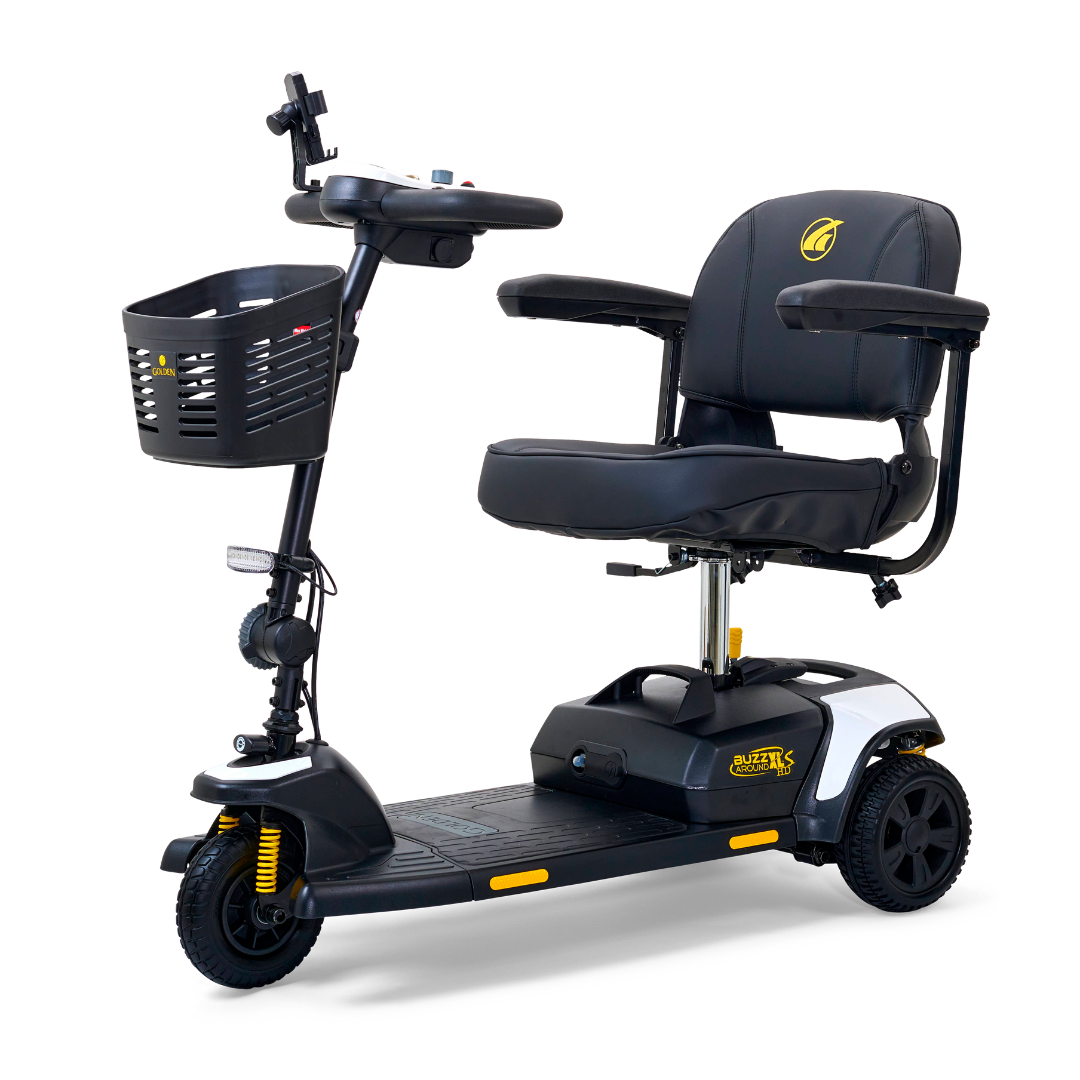 The Golden Tech GB121 Buzzaround XLS HD 3-Wheel Portable Scooter offers a black design with a stadium-style seat, armrests, a front basket, and Delta tiller for easy maneuvering. Handlebar controls and a logo on the backrest add to both comfort and style.