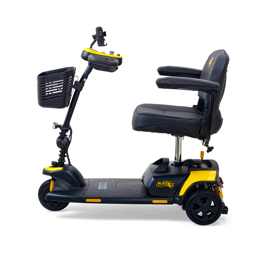 The Golden Tech GB121 Buzzaround XLS HD 3-Wheel Portable Scooter offers a sleek black and yellow design with a comfy seat, handlebars, and front basket. Its easy-to-maneuver build, XR Extended Range Battery, and Comfort Spring Suspension deliver exceptional convenience and comfort.