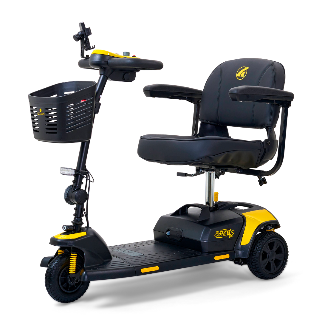 The Golden Tech GB121 Buzzaround XLS HD is a sleek, modern yellow and black 3-wheel mobility scooter. It features a comfortable seat with armrests, a front basket, and user-friendly handlebars. Equipped with XR Extended Range Battery and Comfort Spring Suspension for an exceptionally smooth ride.