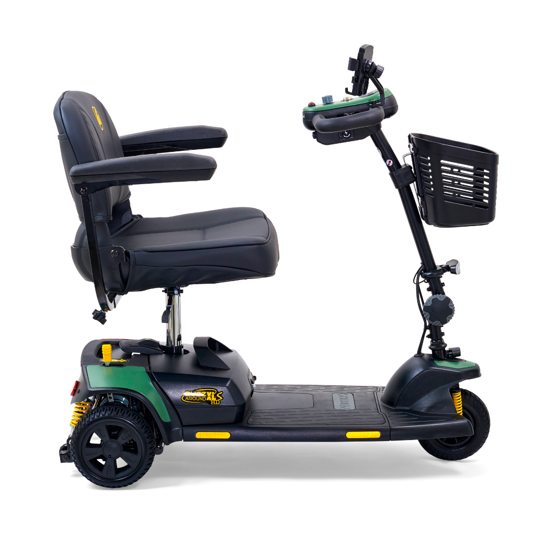 The Golden Tech GB121 Buzzaround XLS HD is a black, 3-wheel portable mobility scooter featuring Comfort Spring Suspension, cushioned seat, armrests, a front basket, handlebars with control panel, and stylish green accents.