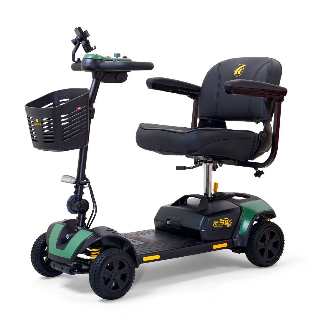 The Golden Tech GB124 Buzzaround XLS HD is a 4-wheel portable scooter in black and green, featuring a cushioned seat, armrests, a small front basket, Delta tiller control panel, and Comfort Spring Suspension for smooth rides; perfect for mobility enhancement.