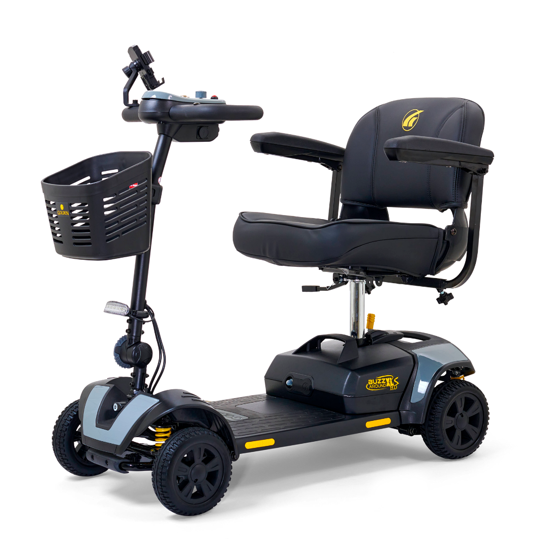 The Golden Tech GB124 Buzzaround XLS HD 4-Wheel Portable Scooter with Suspension has a black cushioned seat, armrests, and a front basket. Featuring a delta tiller with control buttons, it combines sleek grey and black accents for elegance and ease in all rides.