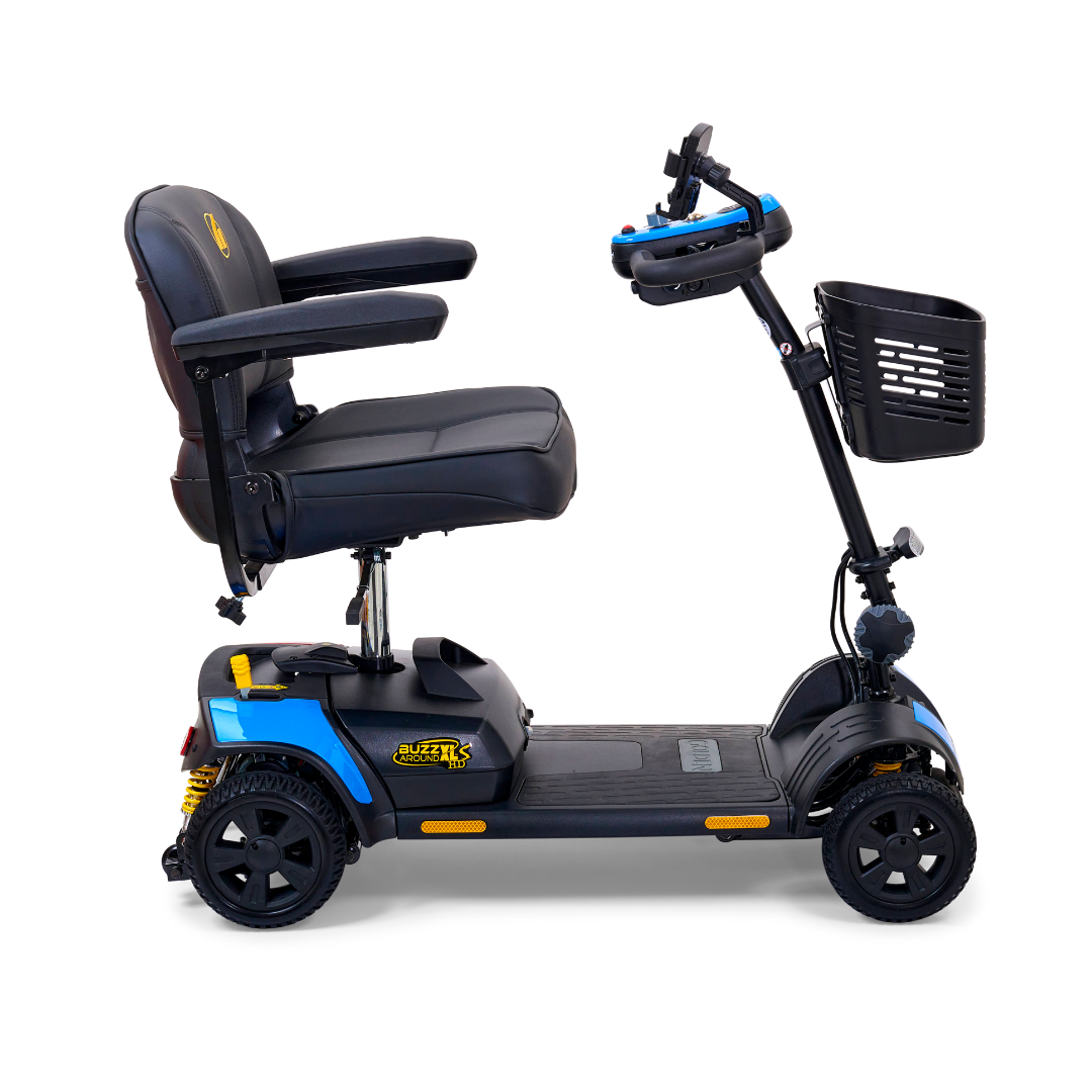 The Golden Tech GB124 Buzzaround XLS HD is a blue and black 4-wheel portable scooter featuring a padded seat, armrests, backrest, Delta tiller with controls, and a front basket. Displayed sideways, it highlights its sleek design and functional components.