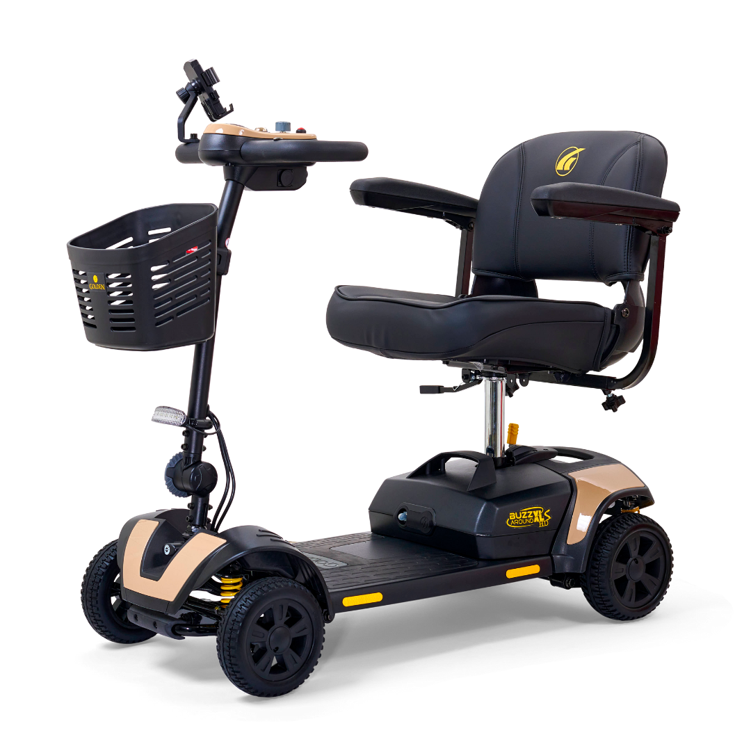 The Golden Tech GB124 Buzzaround XLS HD Scooter offers a black seat, armrests, front basket, four wheels, a control panel handlebar, XR Extended Range Battery for long trips, and Delta tiller steering for improved maneuverability, making it ideal for personal transportation.