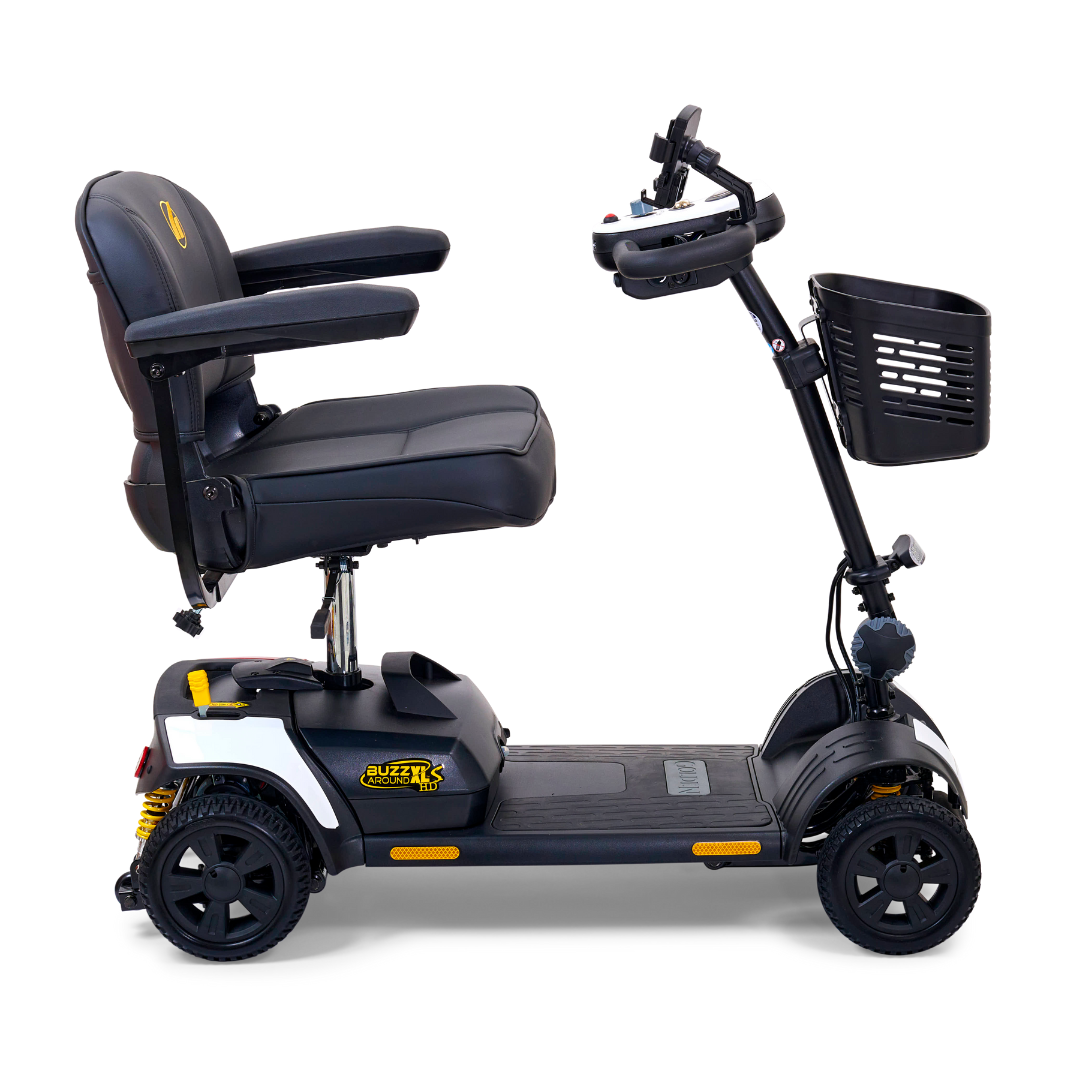 The Golden Tech GB124 Buzzaround XLS HD offers a sleek black design with a cushioned seat, armrests, and front basket. It features four-wheel stability, Delta tiller for easy steering, XR Extended Range Battery for long trips, and Comfort Spring Suspension for smooth rides.