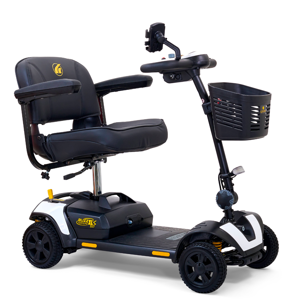 The Golden Tech GB124 Buzzaround XLS HD is a black and silver 4-wheel portable mobility scooter featuring a delta tiller, comfort spring suspension, comfortable seat with armrests, front basket, and XR extended range battery for easy and comfortable personal transportation.