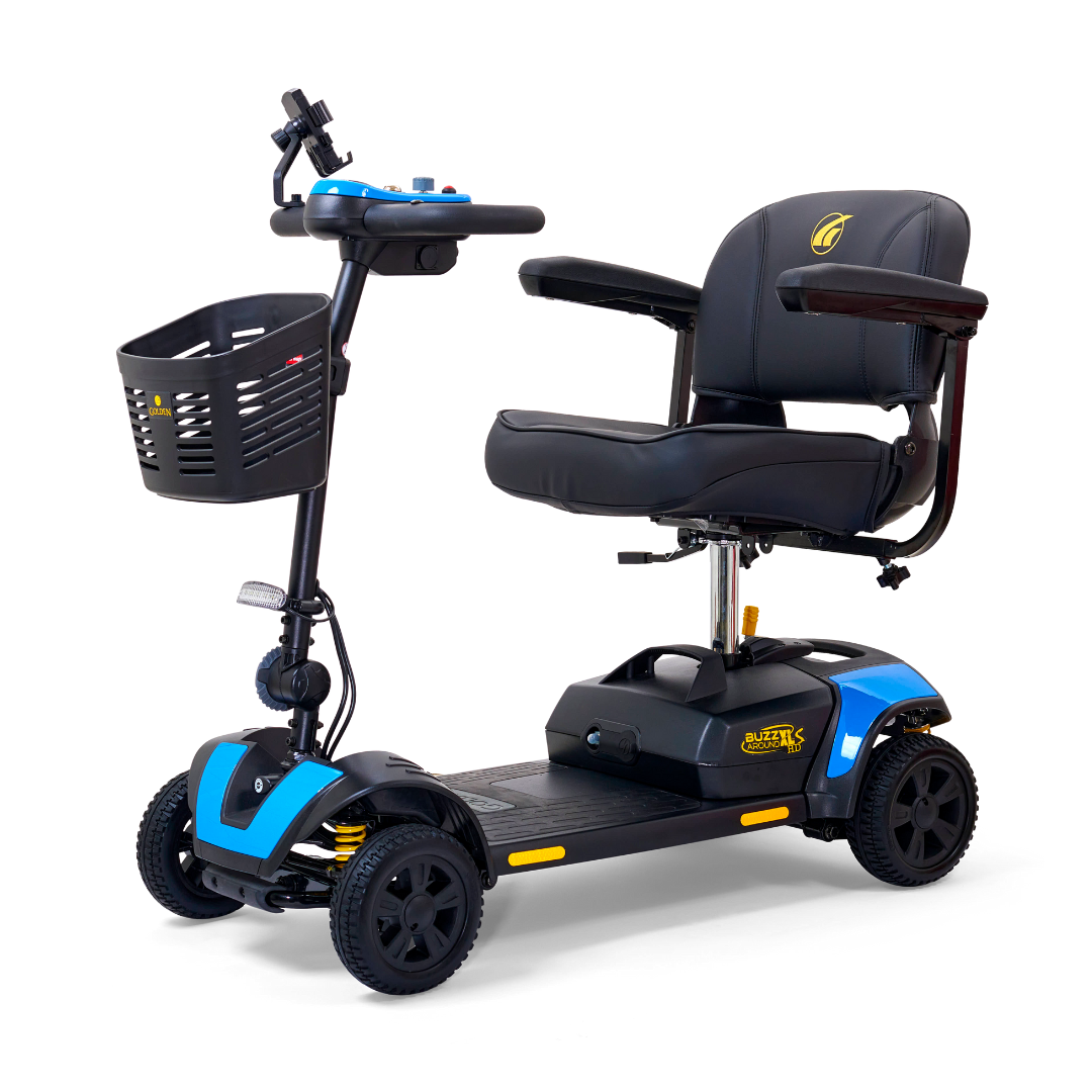 The Golden Tech GB124 Buzzaround XLS HD is a blue and black 4-wheel portable scooter with a cushioned seat, front basket, handlebar controls, Comfort Spring Suspension for smooth rides, Delta tiller for easy steering, and XR Extended Range Battery for longer journeys.