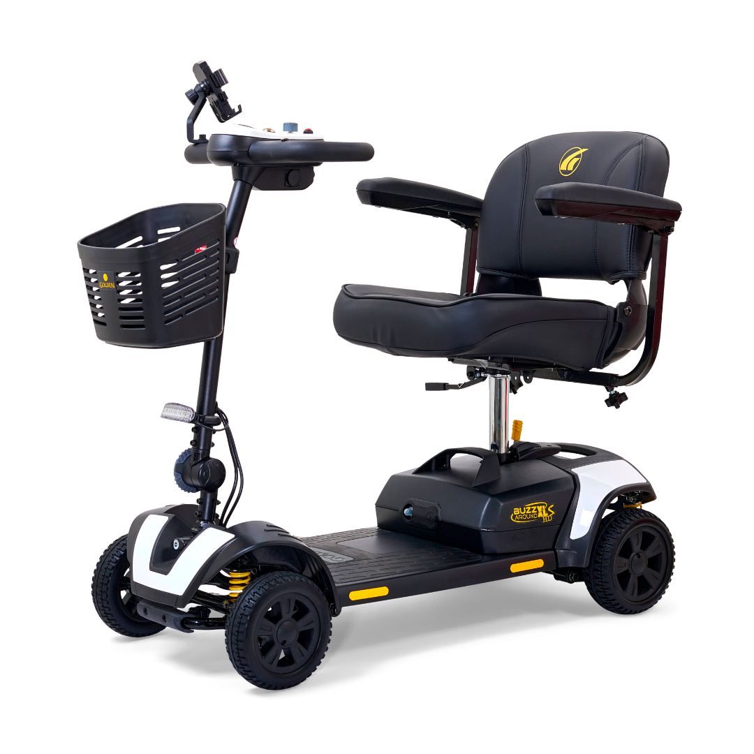 The Golden Tech GB124 Buzzaround XLS HD is a compact, 4-wheel portable scooter with Comfort Spring Suspension. It features a comfortable seat with armrests, a small front basket, an innovative Delta tiller design, and is primarily black with white and yellow accents.