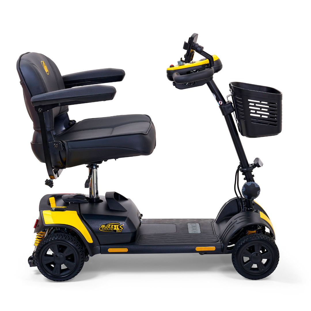 The Golden Tech GB124 Buzzaround XLS HD is a black and yellow mobility scooter featuring a Delta tiller, comfortable seat, armrests, basket on the handlebars, four wheels, Comfort Spring Suspension, and is designed for easy transport and maneuverability.