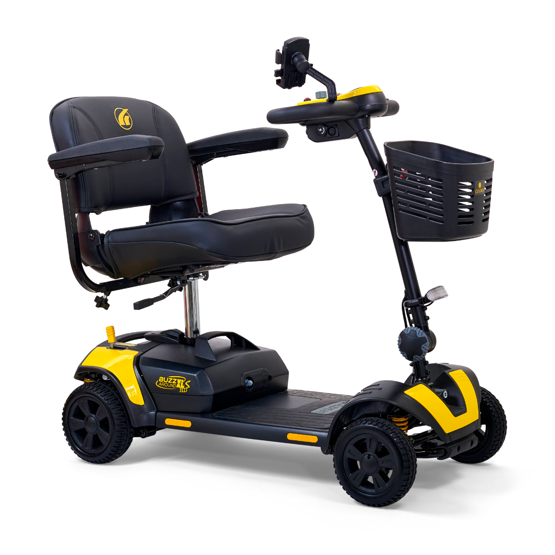 The Golden Tech GB124 Buzzaround XLS HD is a black and yellow 4-wheel portable scooter featuring a comfortable seat, armrests, front basket, and handlebar controls. It offers Comfort Spring Suspension for smooth rides.